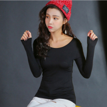 Modal cotton base shirt female slim body long sleeve spring and autumn thin T-shirt low neck tight top black versatile
