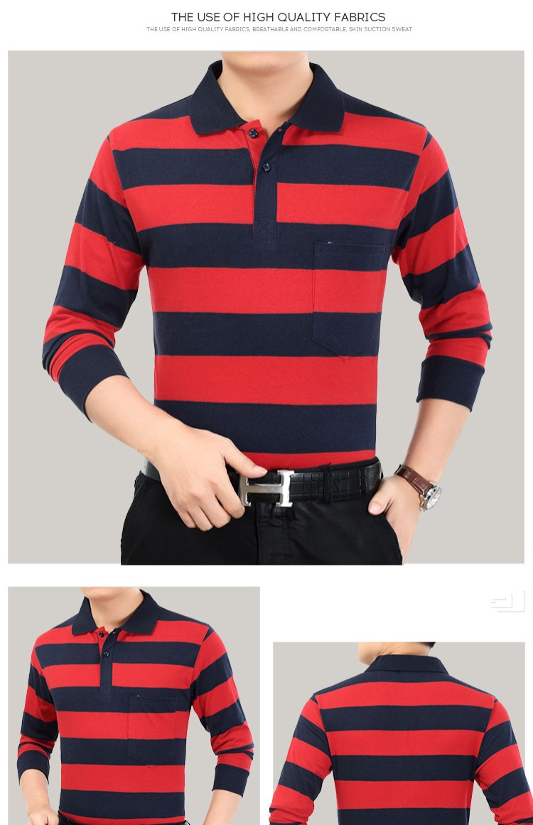 Mùa thu nam tay dài áo thun sọc áo polo lỏng lẻo kích thước lớn áo thun cotton trung niên nam áo thun polo