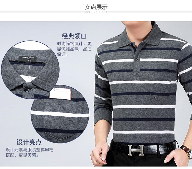 Mùa xuân 2019 size lớn cotton nam ve áo sọc dài tay áo thun trung niên nam giản dị áo phông dài tay