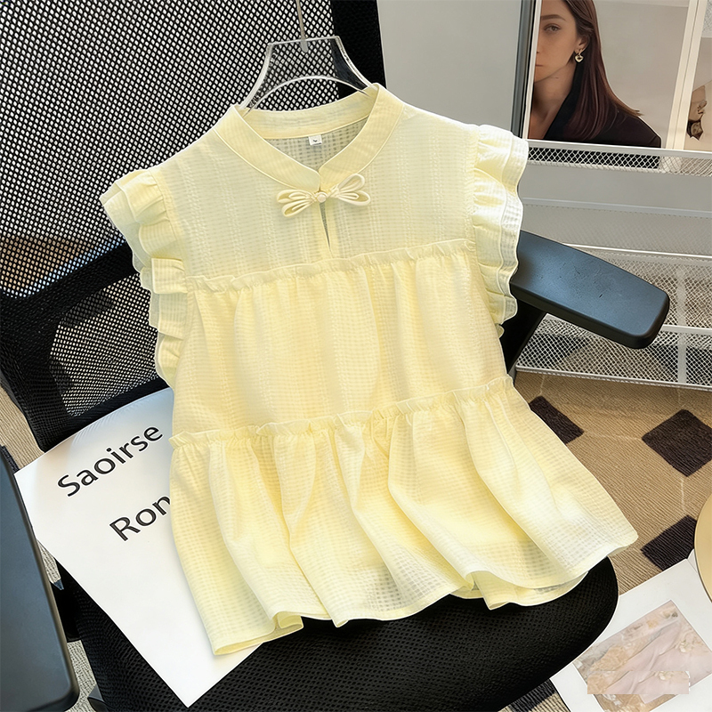Girls' Summer New Style New Chinese-Style Flutter-Sleeve Doll Shirt 2026 for Older Children, Sweet Sleeveless Chiffon Shirt Vest Trendy