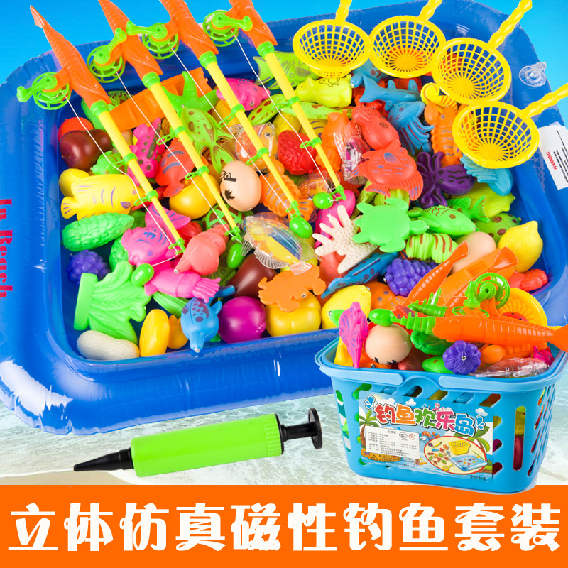 Children's puzzle play water magnetic bathtub fishing toy package family square stall kitten magnet force fishing pond