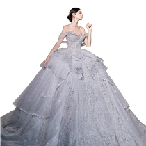odelia Falling Snow haze blue one-shoulder wedding main yarn dress 2024 new bridal large tail heavy industry