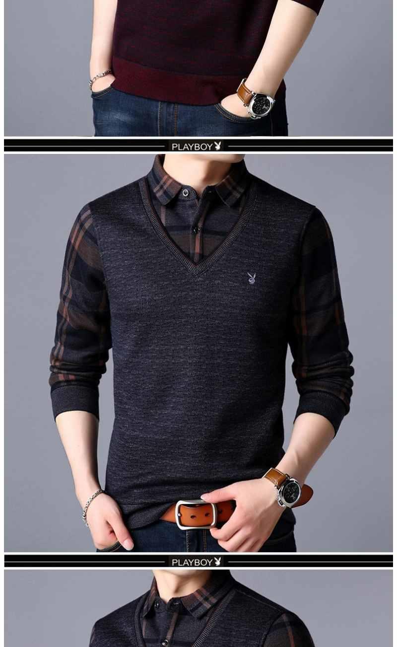 Playboy nam giả hai chiếc áo thun kẻ sọc dài tay mùa đông cộng với áo nhung dày rộng rộng thả lỏng ấm áp đáy áo áo thun unisex