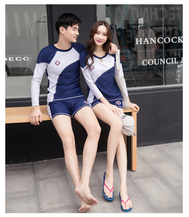 Cặp đôi đồ bơi nữ bảo thủ 2018 mới xẻ góc phẳng che bụng giảm béo mùa xuân du lịch biển quần tây nam phù hợp với quần 	đồ đi biển cặp đôi	
