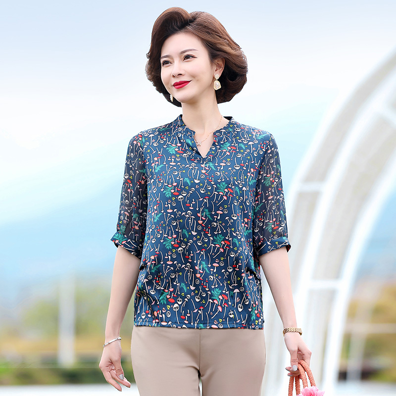 Navy Topmom summer wear Foreign style real silk jacket middle age female Short sleeve mulberry silk Middle aged and elderly Your wife Broken flower T-shirt suit
