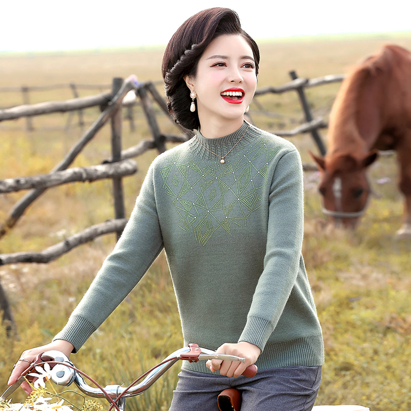 mother plus veet thi sweater middle-aged female spring and autumn clothes warm wool bottoming shirt middle-aged and elderly western style knitted top