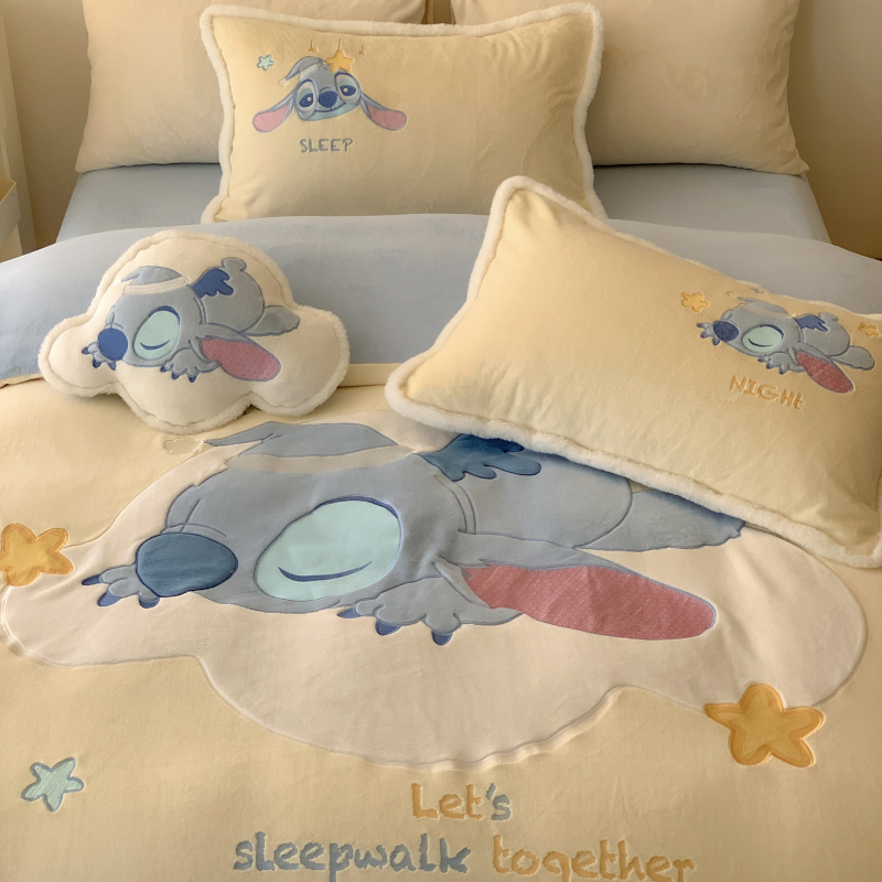 Cartoon Stitch Autumn and Winter Thickened Milk Velvet Embroidered Warm Four-Piece Set Flannel Coral Fleece Bedding Cartoon Stitch Autumn and Winter Thickened Milk Velvet Embroidered Warm Four-Piece Set Flannel Coral Fleece Bedding
