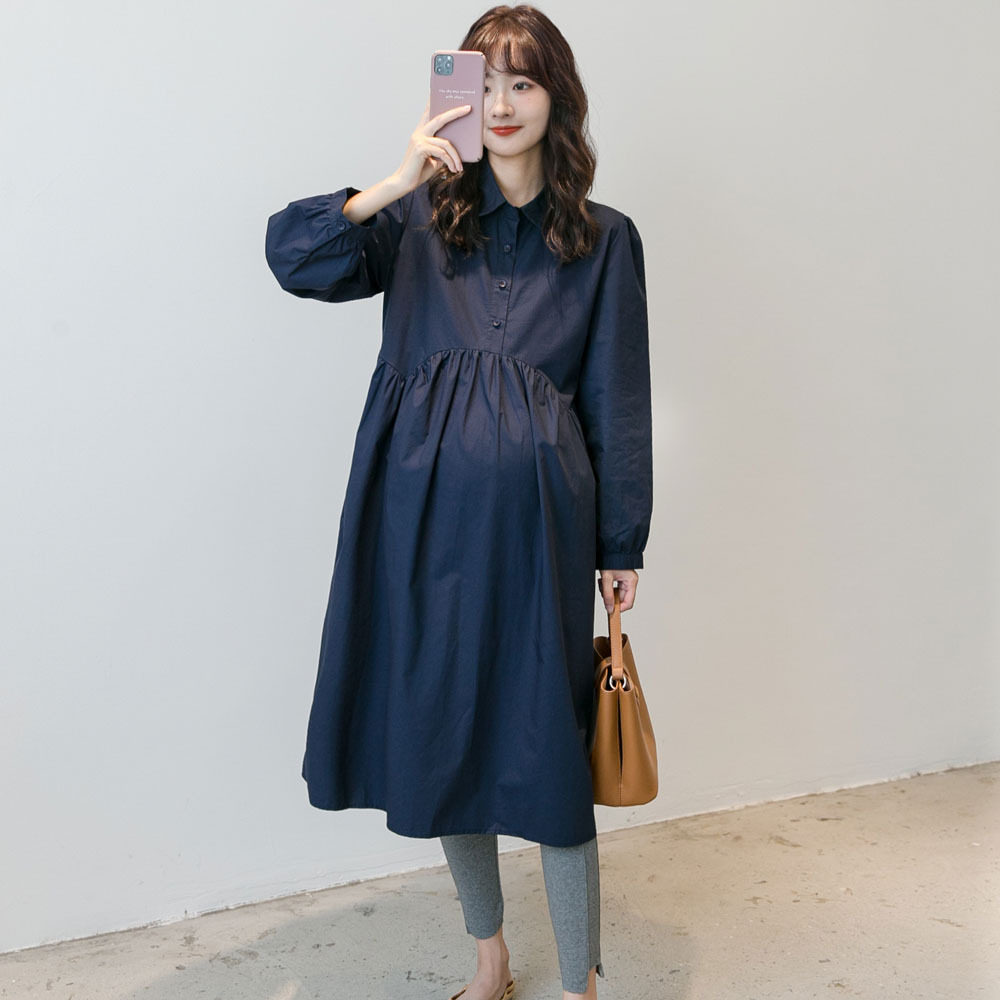 Autumn Clothing Fashion Foreign Pie Gestation 2021 Early autumn style Temperament Minus age Damp Hood Belly Conspicuic Shirt-style Dress Ocean Dress