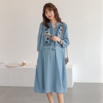 Maternity denim cotton dress 2021 autumn dress belly does not show the tide mother Net Red fashion age