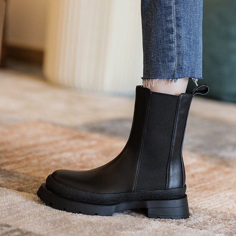 Korean trendy brand Chelsea short boots women's 2021 autumn and winter new leather Martin boots women's British style thick-soled mid-calf boots