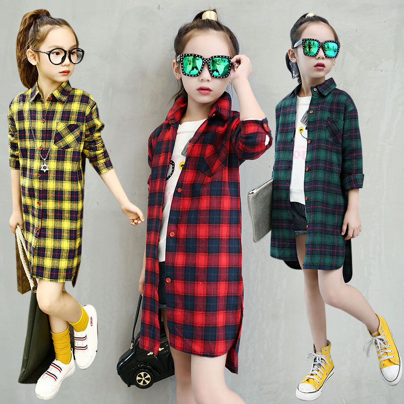 Girl Spring Autumn Long Version Plaid Shirt CUHK Boy 8 Korean Version 9 Casual 10 Year Old Girl Shirt Long Sleeve Outwear Jacket