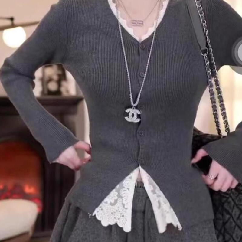 High-End Gray Lace Patchwork Base Shirt for Women, Long-Sleeve T-Shirt, 2026 New Spring, Autumn, and Winter Slim-Fit Top, Trendy
