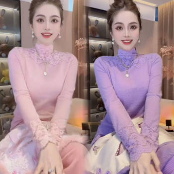 Fashionable new temperament lace splicing half-high collar age-reducing european station feminine light mature style bottoming shirt