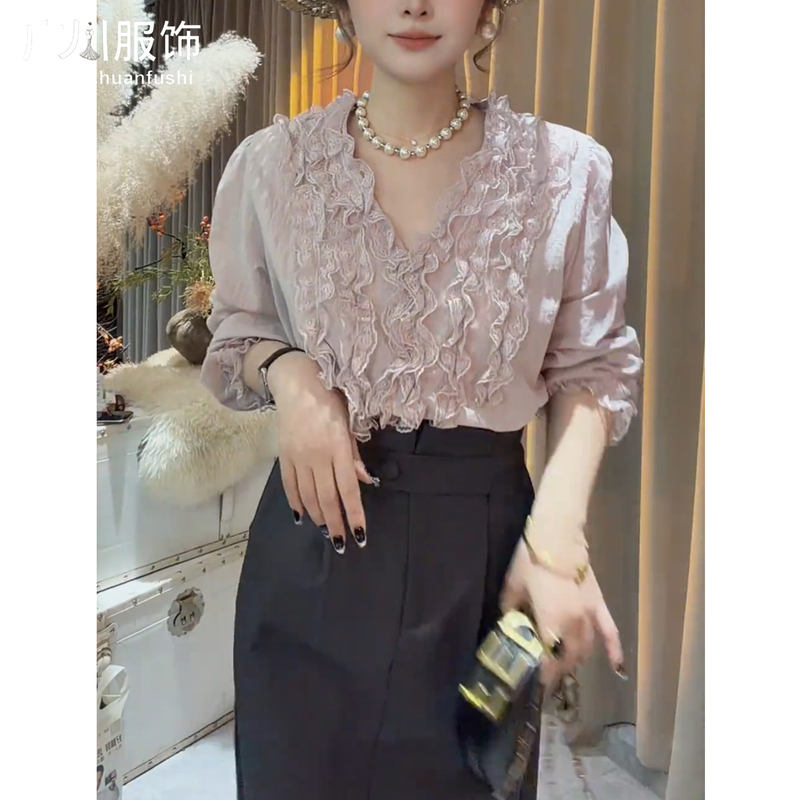 French Romantic Style V-Neck Ruffled Long-Sleeved Top for Women 2026 Spring and Summer New K Elegant Layered Lace Shirt