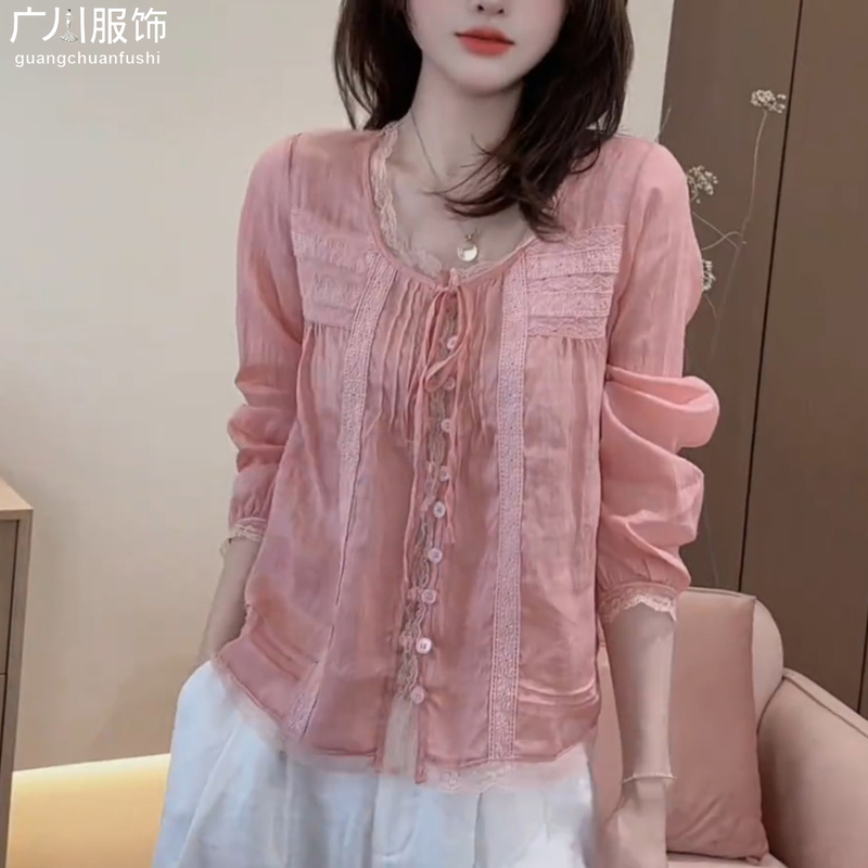 French Lace Splicing Pink Shirt for Women, 2026 Spring New Design, Stylish and Youthful Gentle Style Top