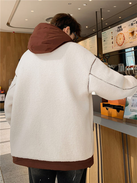 Lamb fleece jacket men's cotton thickened winter Hong Kong style youth student cotton coat boy's grain velvet cotton coat men's clothing