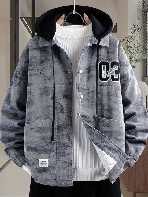 Teenagers' autumn and winter jackets, thickened denim jackets, boys' junior and high school students' trendy matching suits, handsome cotton clothes