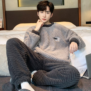 Coral velvet pajamas for men in autumn and winter plus velvet thickened warm flannel 2024 new men's home clothing set