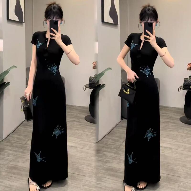 French-Style Bow-Tie Rhinestone Slim-Fit Dress 2025 Summer New Fashion Waist-Cinching Slimming Elegant Bodycon Long Dress