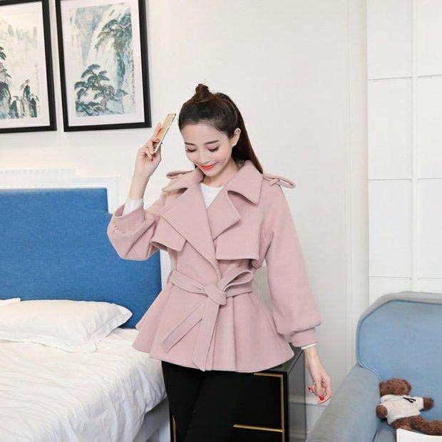 Áo khoác len nữ ngắn đoạn 2018 mới thu đông mới mặc phiên bản Hàn Quốc thắt lưng ngắn nhỏ kiểu áo len thủy triều áo choang dạ đẹp