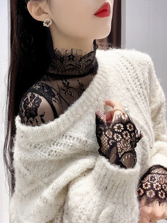 半高领睫毛蕾丝打底衫女春秋2025洋气内搭黑色薄纱衣镂空网纱上衣