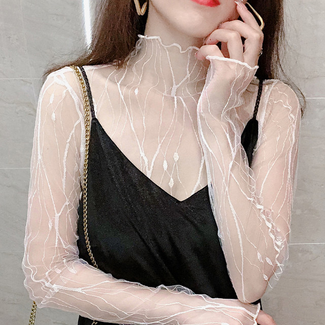 Half-high collar commuting slim shirt pullover sexy mesh bottoming shirt top lace autumn and winter long-sleeved western style inner wear