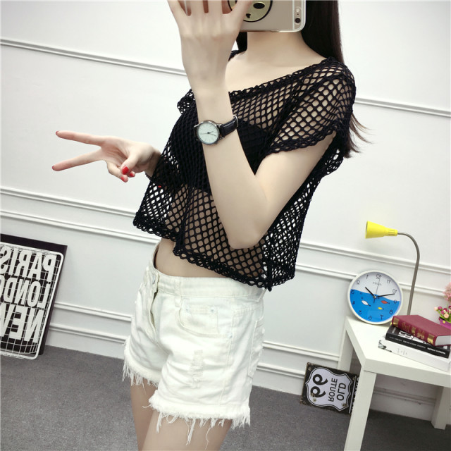 Summer hollow blouse short size large lace loose top women's round neck sleeve short sleeve mesh large mesh top outer wear