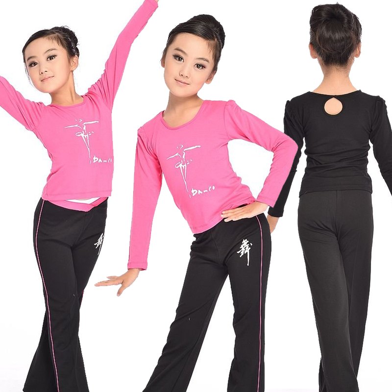 Children's dance training clothes women's new autumn clothes children's pants long-sleeved tops group buying suits rose red black dance shirts