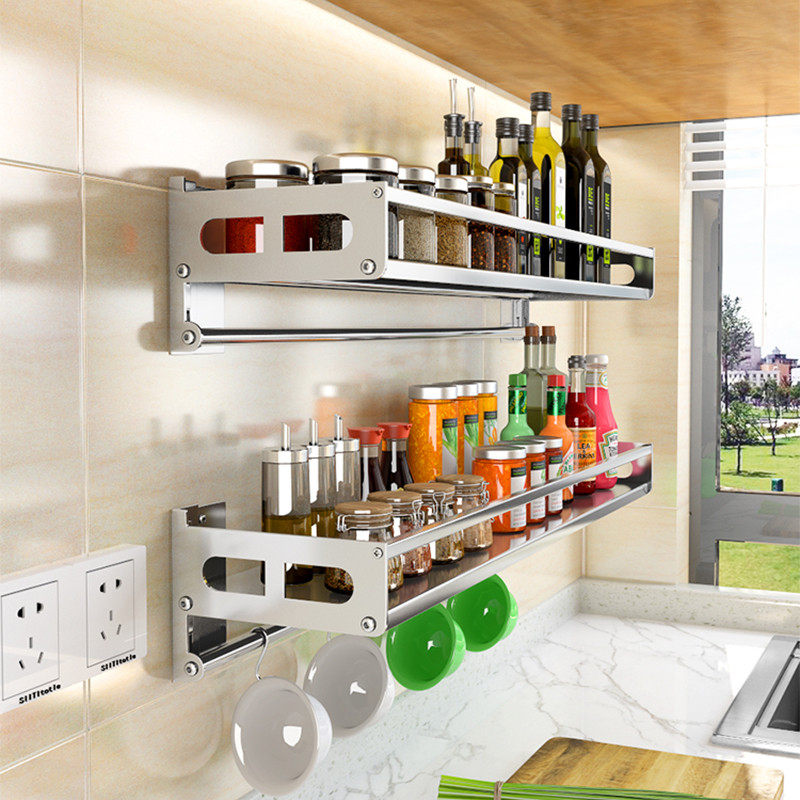 Punch-free wall-mounted kitchen shelf seasoning condiment storage shelf 304 stainless steel wall hanging rack