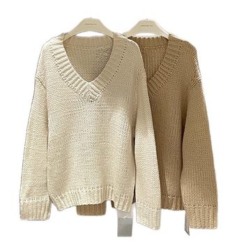 Loose literary and lazy style 2025 winter 30 wool simple korean style top thick stick stitch v-neck versatile sweater for women