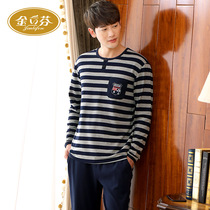Autumn and winter mens striped pajamas Mens long-sleeved cotton youth mens spring and autumn home clothes suit can be worn outside