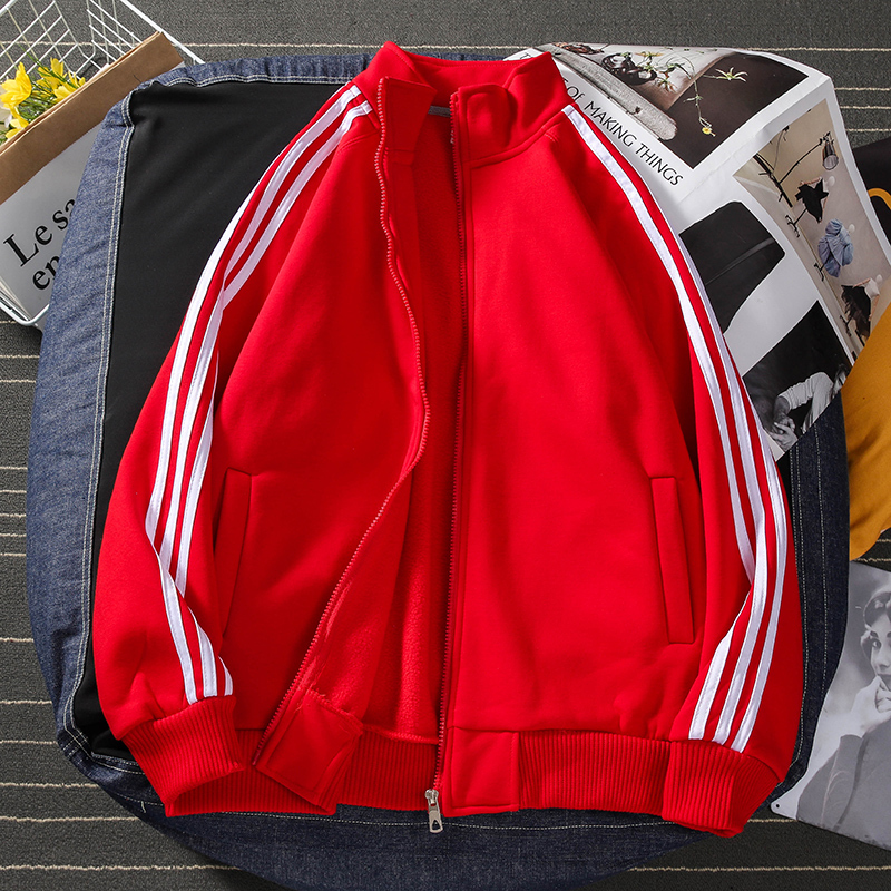 Spring and Autumn Red Three-Stripe Stand-Collar Jacket for Men and Women, Casual Baseball Jacket, Loose-Fitting Fleece Sportswear