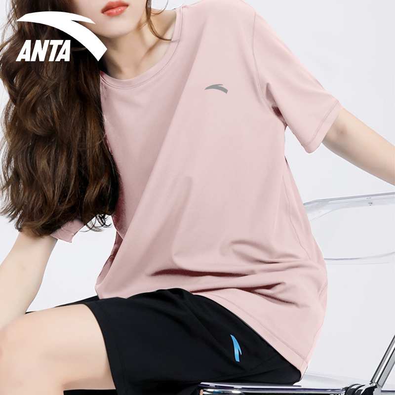 Anta Summer Sports T-Shirt Women's Outdoor Casual Yoga Wear Pink Short-Sleeved Elastic Quick-Drying Running Badminton Wear