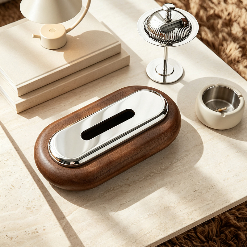 Retro Pure Walnut Tissue Box Oval Portable Tissue Storage Box High-End Tissue Box Simple Home Decoration