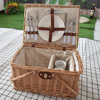 Wicker Picnic Basket, Rattan Insulated Basket, Picnic Box, ins Trendy Portable Foldable Full Set of Supplies for Storage and Camping