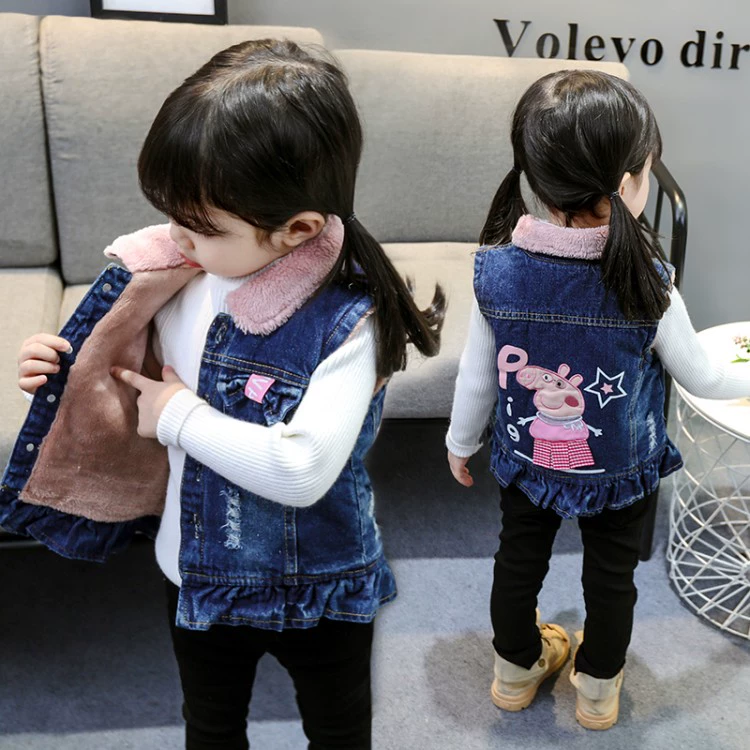 Áo vest trẻ em denim 1 cộng nhung 2 mùa thu đông mới 3 áo ấm cho bé trai và bé gái 4 áo vest bé 5 tuổi
