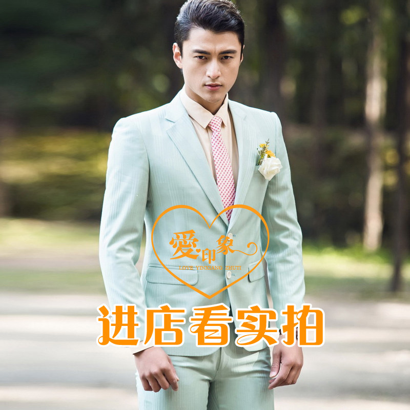 Photo Gallery Photo Costumes Men's Han Version Sashimi Suits Watch Performance Stage Host West Suit Fruit Green Two Sets