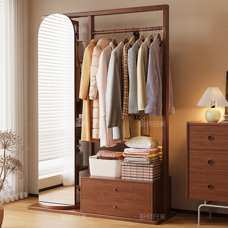Solid Wood Floor-Standing Coat Rack, Multifunctional Clothes Rack with Integrated Dressing Mirror, Clothes Drying Rack, Bedroom Storage Rack
