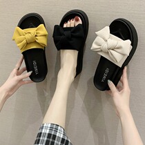 Japanese heightened thick bottom one-word slippers for womens outer wear 2022 spring and summer new all-match fashion bow sponge cake