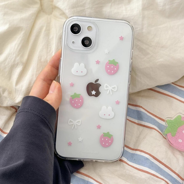 Korean ins Strawberry Illustration Rabbit Suitable for 15 Apple 14 ProMax Mobile Phone Case iPhone 12 Full Cover 17 Cute 13 Pro Soft 15 Promax Anti-fall 11 Protective Cover 16 Female X Soft 8p
