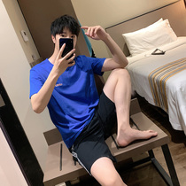 Pajamas men summer thin short sleeve cotton loose blue sleeve students Young Young Young Young Double Round Home Clothes