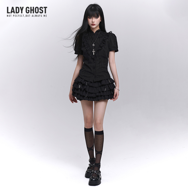 Ghost Girl Black Short-Sleeve Lace Shirt Women's Summer Outerwear Design Niche Gothic Subculture Outfit Top Ghost Girl Black Short-Sleeve Lace Shirt Women's Summer Outerwear Design Niche Gothic Subculture Outfit Top