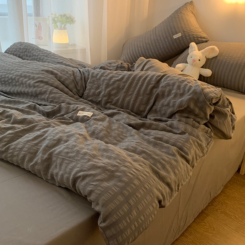 Minimalist grey bubble washed cotton four pieces of pure color quilt cover bed linen bed skirt male student Dormitory Bed Three Sets-Taobao