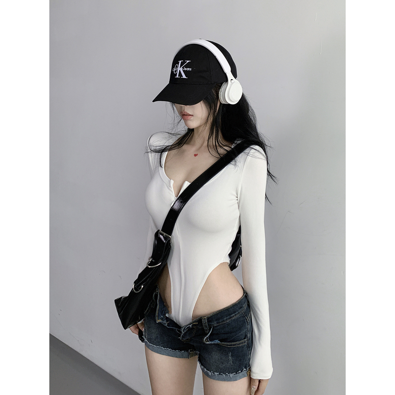 American Hot Girl Style Sexy U-Neck Zipper Opening Bottoming Shirt for Women Autumn Elastic Tight Long-Sleeved Solid Color Jumpsuit T-Shirt