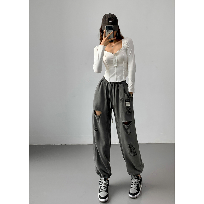 American-Style Ripped Casual Slim-Fit Sweatpants for Women, High-Waisted Drawstring Joggers, Trendy Spring and Autumn Thin Gray Sweatpants