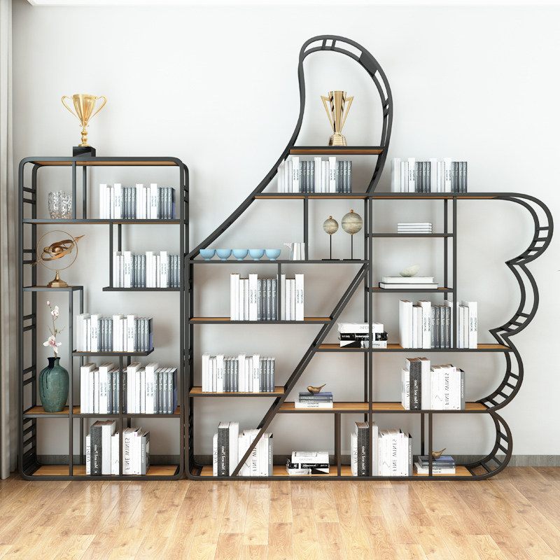 Wrought iron wood bookshelf shelf simple modern study creative landing children Nordic bookcase shelf