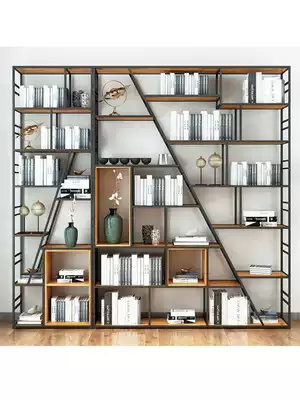 Wrought iron bookshelf shelf creative solid wood bookcase floor-to-ceiling modern minimalist industrial style office Bogu rack custom