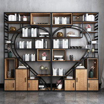 Wrought iron solid wood bookshelf shelf floor office study room creative partition locker display shelf industrial style