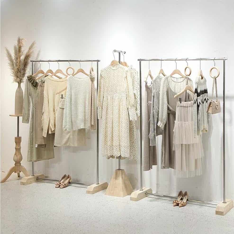 Clothing Shop Floor Style Stainless Steel Wire Drawing Clothing Show Shelf for Island Shelf with wood Nordic wind minimalist hanger