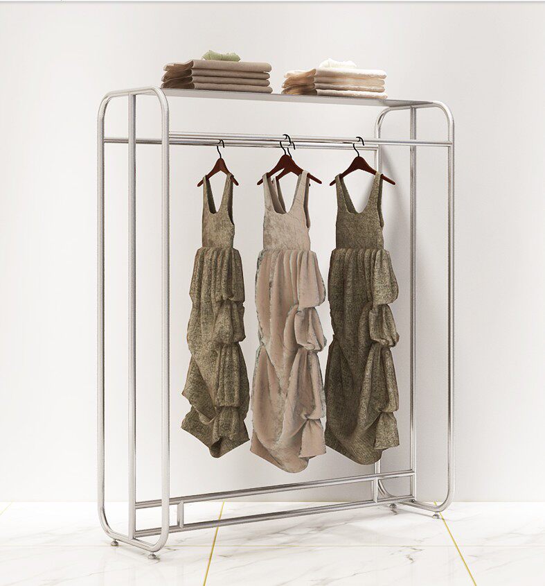 Clothing Store Middle Island Shelf Silver Dress Shop Middle Double Row Hung Hanger Display Rack With Plate Nano Silver
